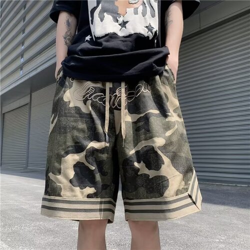 American retro embroidered camouflage denim cargo shorts men's summer fashion brand loose five-point casual basketball sweatpants