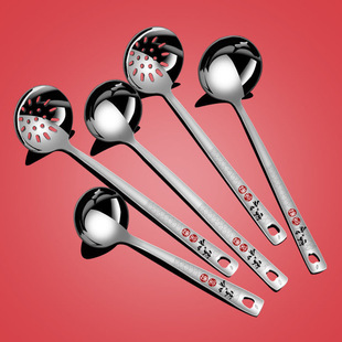 304 Stainless Steel Soup Spoon, Skimmer, Household Long-Handled Hot Pot Spoon, Soup Ladle with Hook, Large Round Spoon Set