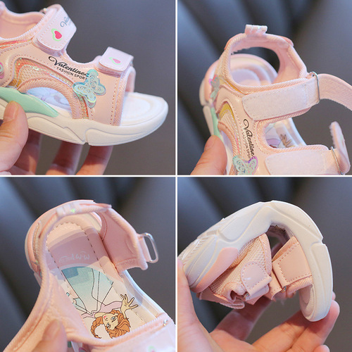 Girls Sandals Open Toe 2024 Summer New Children's Beach Shoes Cartoon Little Girls Princess Shoes Soft Sole Baby Shoes
