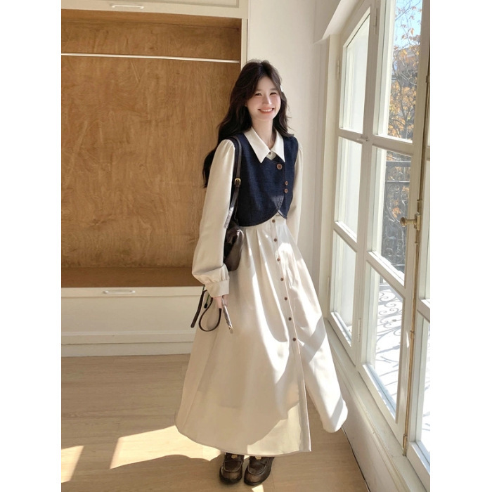 法式气质穿搭牛仔马甲连衣裙套装女2025秋季新款衬衫裙超火两件套|undefined