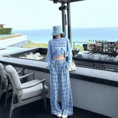 25 夏の新レターデザインブルー日焼け止め長袖 Tシャツカバーアップ + ハイウエストチェック柄スプライシングルーズカジュアルパンツ女性用