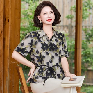 中老年短袖上衣服裤子两件套小衫2025年夏装妈妈女装时尚洋气套装