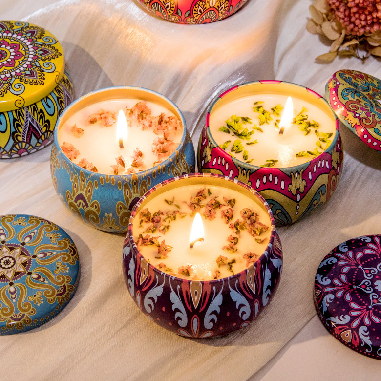 Étnico flor seca aromaterapia vela caja de hierro Regalo de Cumpleaños dormitorio decoración dormir fragancia vela caja de regalo al por mayor