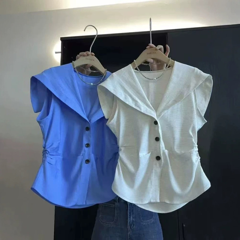 Navy Collar Shirt for Women, Summer Sleeveless Shirt, French Style Unique and Exquisite Top