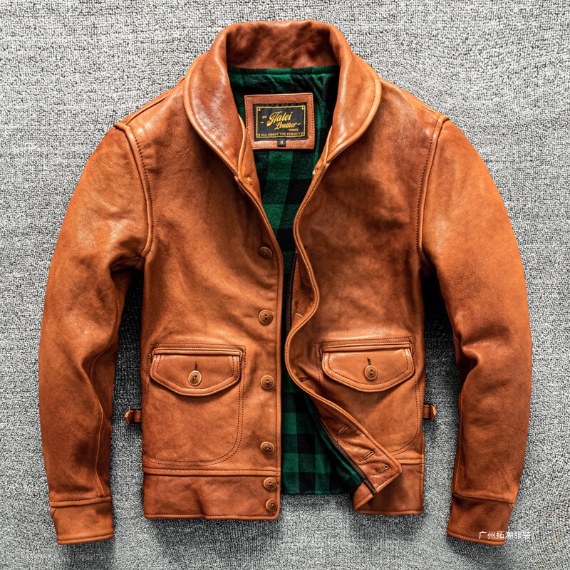 Top Layer Autumn and Winter Trendy Short Leather Jacket Sheepskin Coat Green Fruit Collar Slim Genuine Leather Cossack Real Men's Leather Jacket