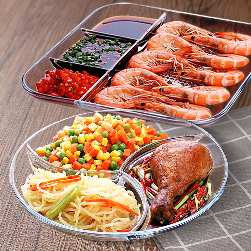 Household Serving Plate Breakfast Tableware Tempered Glass Three-compartment Dinner Plate Children's Fruit Plate Three-compartment Dinner Plate
