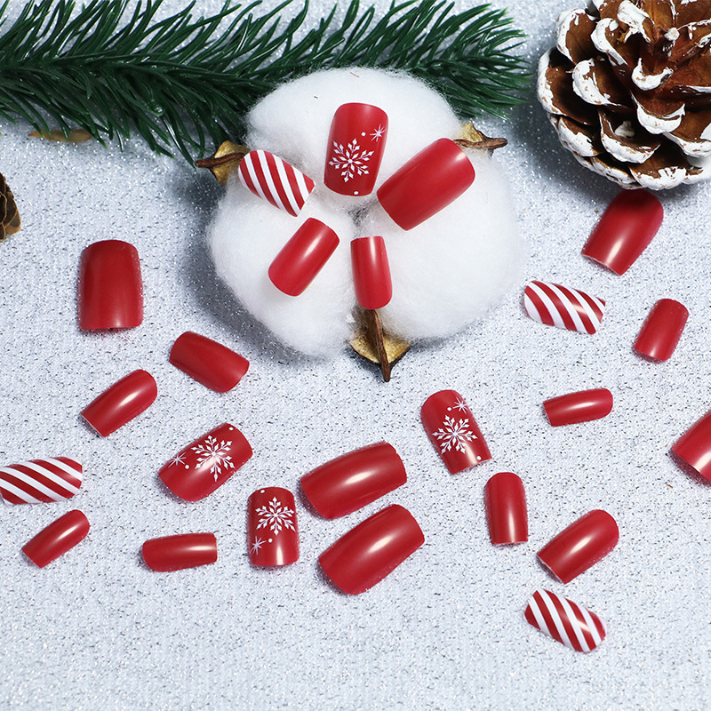 Navidad transfronteriza rojo para usar uñas rojas y franjas blancas cuadradas uñas falsas para usar copo de nieve de Navidad manicure