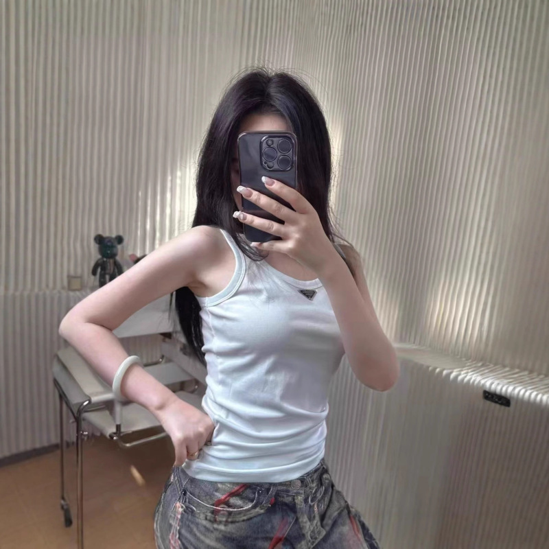 P Home Summer New Simple Metal Triangle Logo Vest Knitted Letter Correct Version Stretch Slim Base Layer