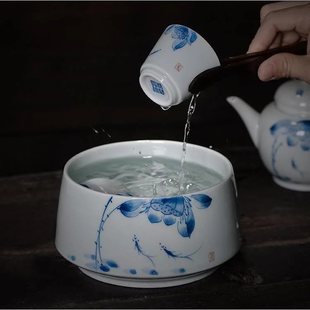 Blue and White Porcelain Tea Wash Large Ceramic Pen Wash Basin Household Water Washable Cylinder Tea Bowl Kung Fu Tea Set Tea Ceremony Accessories