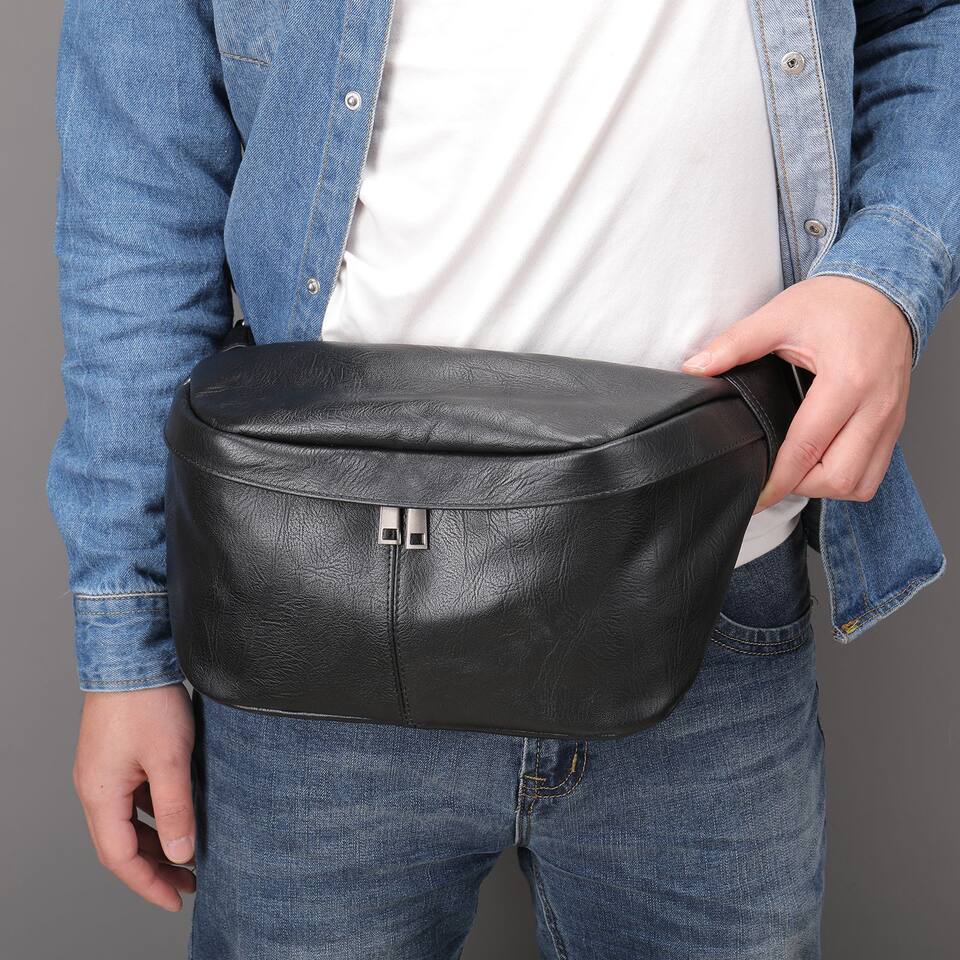 Túi đeo ngực nam da bò lớp đầu thời trang, túi thắt lưng da dung tích lớn chống mài mòn, 26×19×18 cm — Màu cà phê, Màu đen