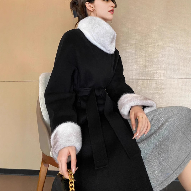 High-end Double-sided Wool Coat Women's Mid-length Mink Collar Elegant Woolen Coat