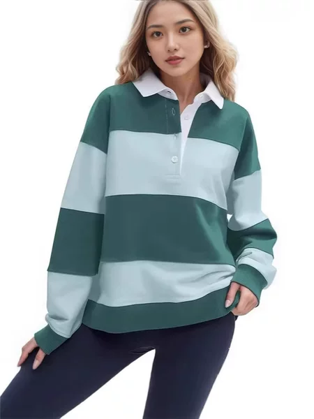 Cross-Border Foreign Trade French Style 2026 Autumn and Winter New College Style Thick Striped Color-Blocked Polo Shirt for Women, Fashionable and Versatile
