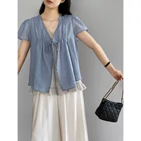 Jiangzuo Lazy Iced Tea Fake Two-Piece Patchwork Tie Свободная рубашка с короткими рукавами для женщин Летняя дышащая рубашка Babydoll 6291.