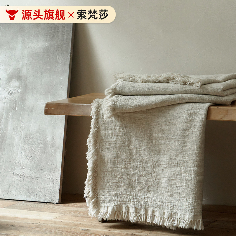Retro Wabi-Sabi Style Cotton and Linen Strong Shrink Yarn-Dyed Jacquard Tassel Blanket Multi-Purpose Sofa Blanket B&B Bedside Decorative Blanket