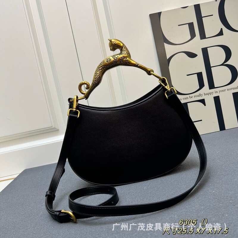 Langfan Women's Leopard Print Handbag, Genuine Leather Shoulder Bag, Solid Color, Simple Commuter Half-Moon Bag, Crossbody Bag for Export