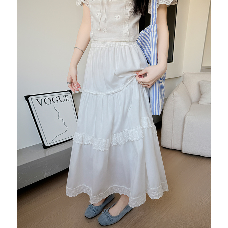 White Double-Layer Cake Skirt for Women, Spring/Summer 2026 New Style, Slimming Mid-Length A-Line Umbrella Skirt with Drapey Lace