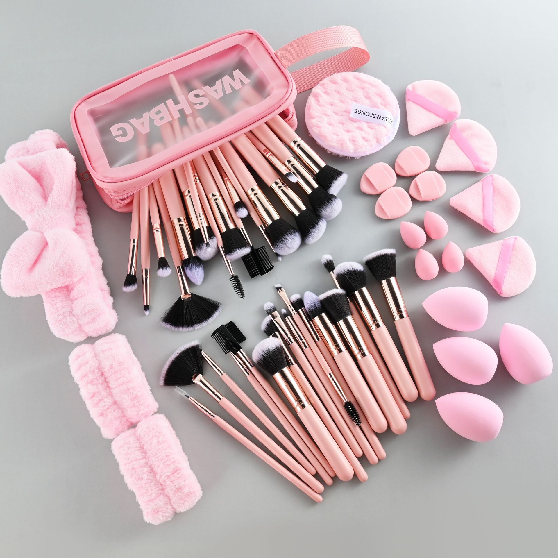 Amazon rosa 53 piezas de maquillaje lavado facial correa de cabello arco correa de cabello rosa esponja huevo cojín de aire