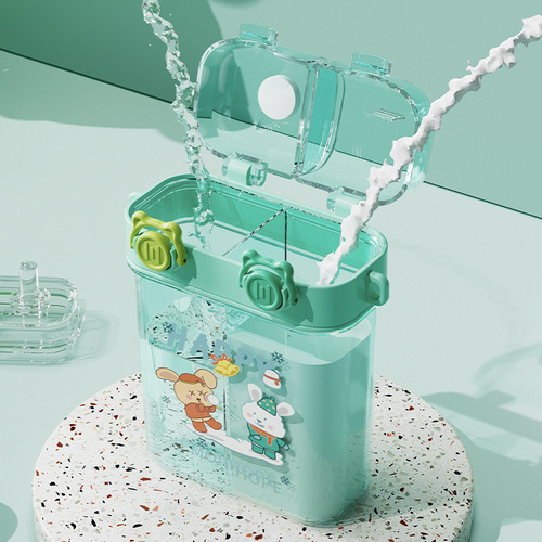 2024 Summer New Children's Water Cup Student Dual Straw Cup Cute Cartoon Water Cup Outdoor Portable Carry Cup