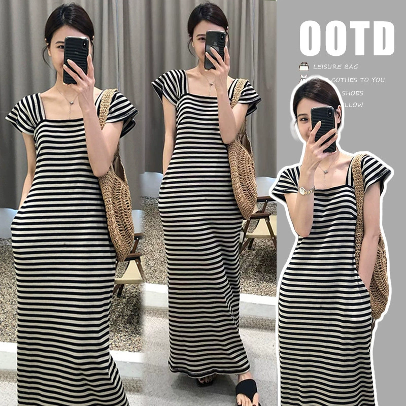 Летнее платье для беременных в полоску с летающими рукавами