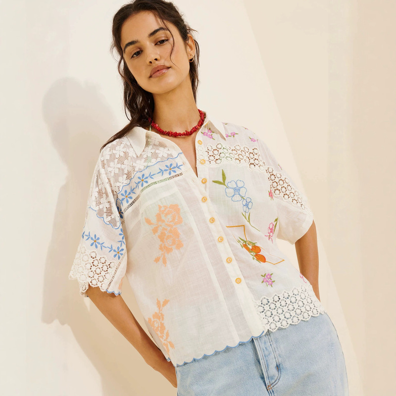 Bohemian Style Embroidered Lace Patchwork Shirt for Women, Loose Short-Sleeved Holiday Style Breathable High-End Sun Protection Top Bohemian Style Embroidered Lace Patchwork Shirt for Women, Loose Short-Sleeved Holiday Style Breathable High-End Sun Protection Top