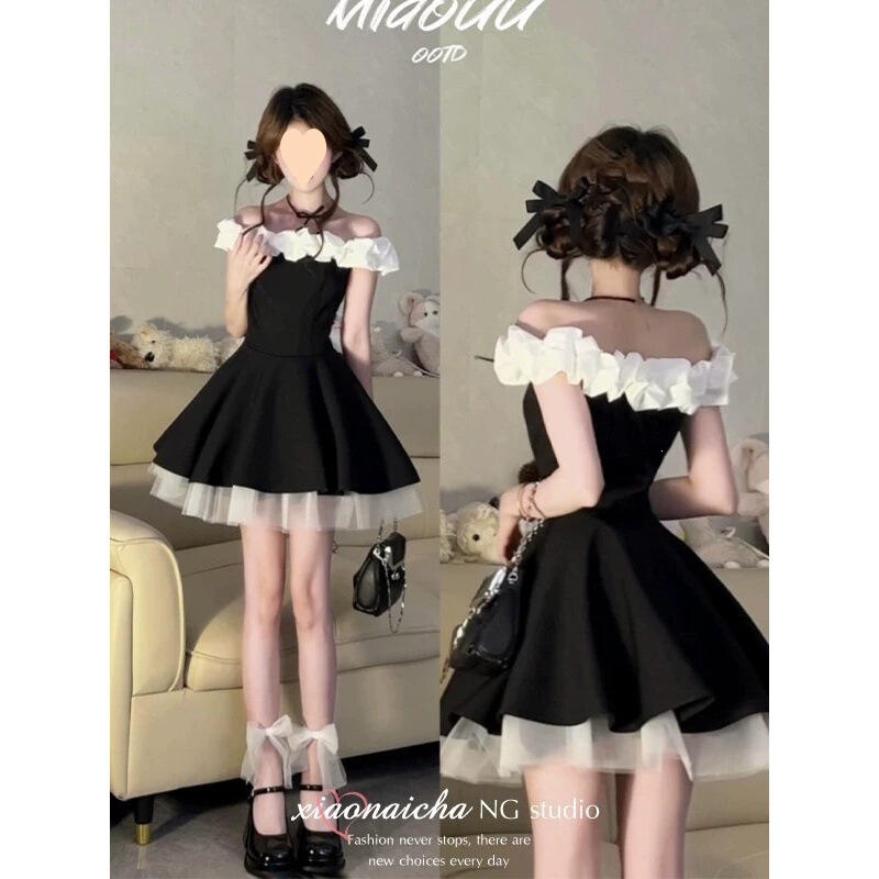 French Hepburn-Style One-Shoulder Dress for Women, Summer Sweet First Love Princess Puffy Dress, Waist-Cinching Short Dress for Petite Figures French Hepburn-Style One-Shoulder Dress for Women, Summer Sweet First Love Princess Puffy Dress, Waist-Cinching Short Dress for Petite Figures