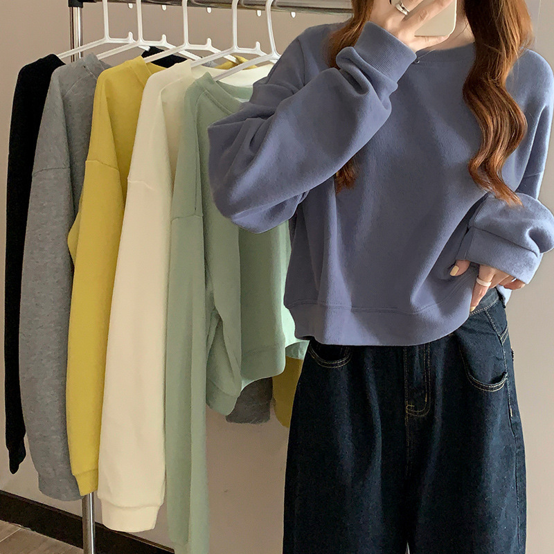 Short Round Neck Sweatshirt for Women 2025 Spring and Autum New Korean Style Simple Pure Color Loose Hong Kong Style High Waist Long Sleeve Top Short Round Neck Sweatshirt for Women 2025 Spring and Autum New Korean Style Simple Pure Color Loose Hong Kong Style High Waist Long Sleeve Top