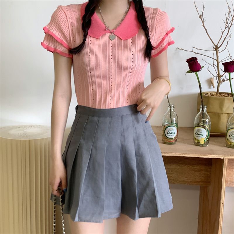 2023 Summer New Doll Collar Knitted Sweater Korean Style Design Sense Niche Small Flying Sleeve Short Sleeve Top Small Women