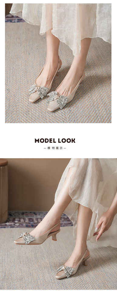 Sandal nữ bít mũi hở gót gót vuông đính đá thắt nơ, quai co giãn — Màu be, Màu hồng nhạt, màu đen chi tiết 10