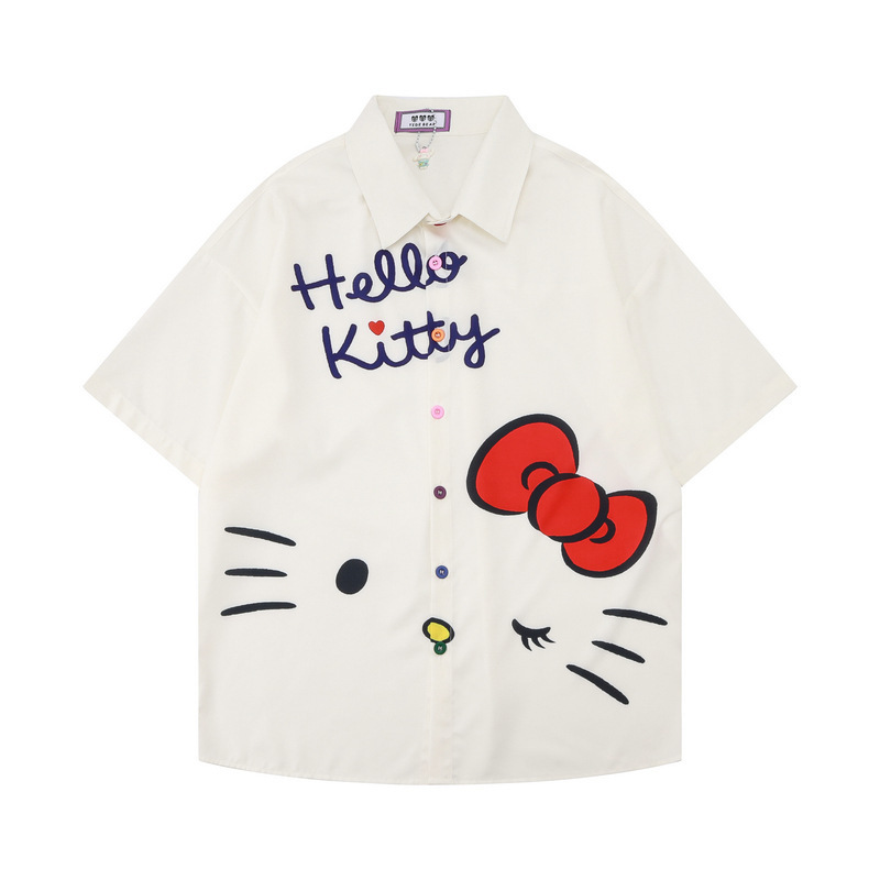 Chao Shen's Summer Casual Cartoon Hello Kitty Japanese Style Short Sleeve Shirt Fun Cute Girl Sweet Loose Cardigan Chao Shen's Summer Casual Cartoon Hello Kitty Japanese Style Short Sleeve Shirt Fun Cute Girl Sweet Loose Cardigan