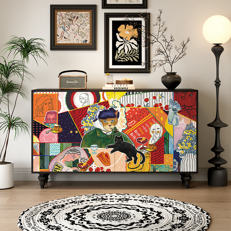 Solid Wood French Abstract Art Entrance Cabinet Painted Sideboard Living Room B&B Storage Cabinet Bedroom Storage Cabinet