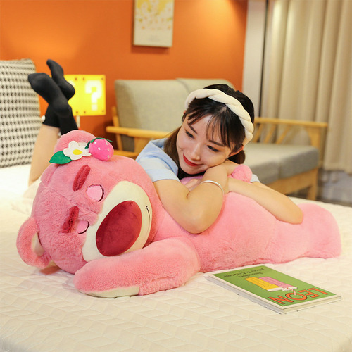 New cute lying posture strawberry bear plush toy pillow scissor machine doll doll gift cushion cross-border supply