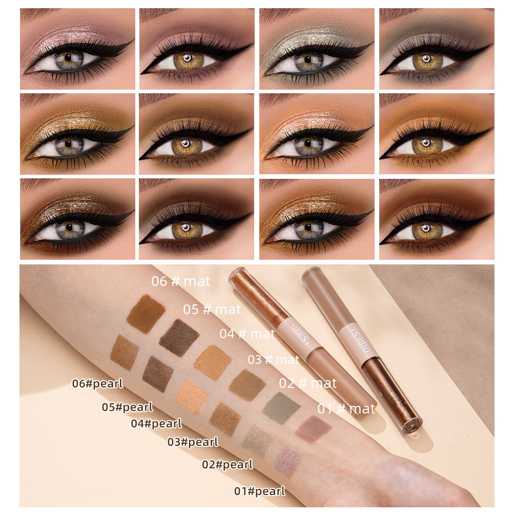 QIBEST Double Head Liquid Eyeshadow Matte Fog Pearlescent Fine Glitter Sheet Overlay with Natural Brightening Highlight Eyeshadow Liquid