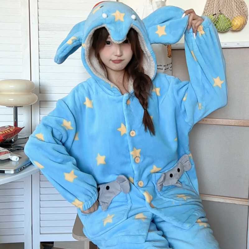 Autumn and Winter New Blue Silly Star Elephant Short Split Flannel Pajamas That Can Be Worn Outside Couple Home Clothes