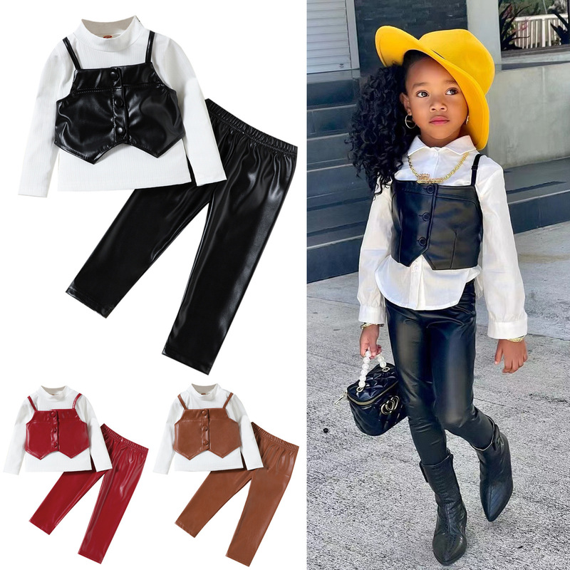 European and American Girls' Autumn New Outfit Set: Ribbed Long-Sleeve Base Shirt, Pu Leather Suspenders, and Pu Leather Pants Three-Piece Set European and American Girls' Autumn New Outfit Set: Ribbed Long-Sleeve Base Shirt, Pu Leather Suspenders, and Pu Leather Pants Three-Piece Set