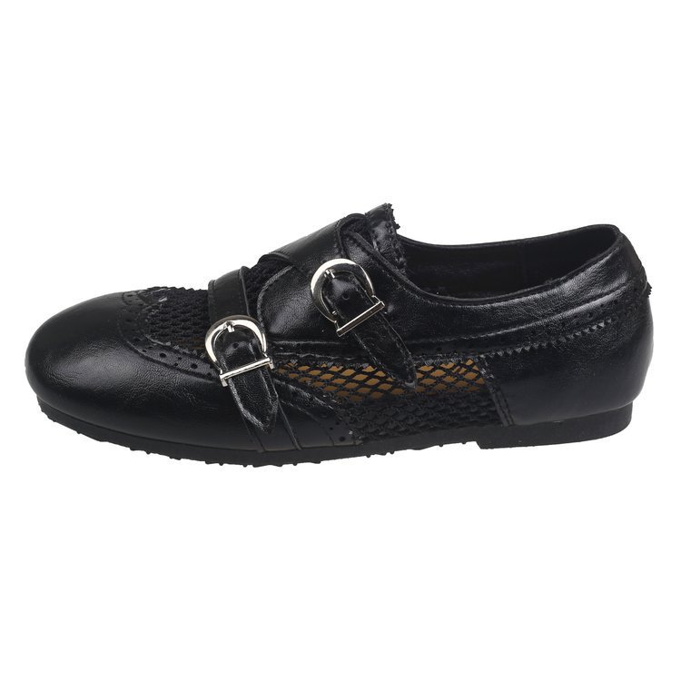 Zapatos de doble hebilla superficial para mujeres 2026 verano retro estilo británico hueco zapatos de malla plana arroz blanco zapatos literarios