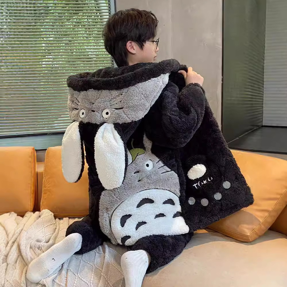 Children's Pajamas Autumn and Winter Boys Totoro Coral Fleece Three-Layer Quilted Boys fleece-lined Flannel Thick