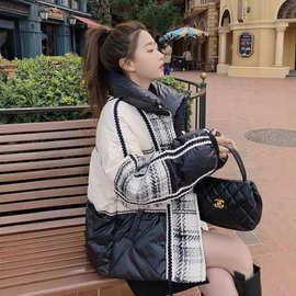 2022冬季时尚宽松短款外套女欧美风撞色拼接格子白鸭绒羽绒服女潮
