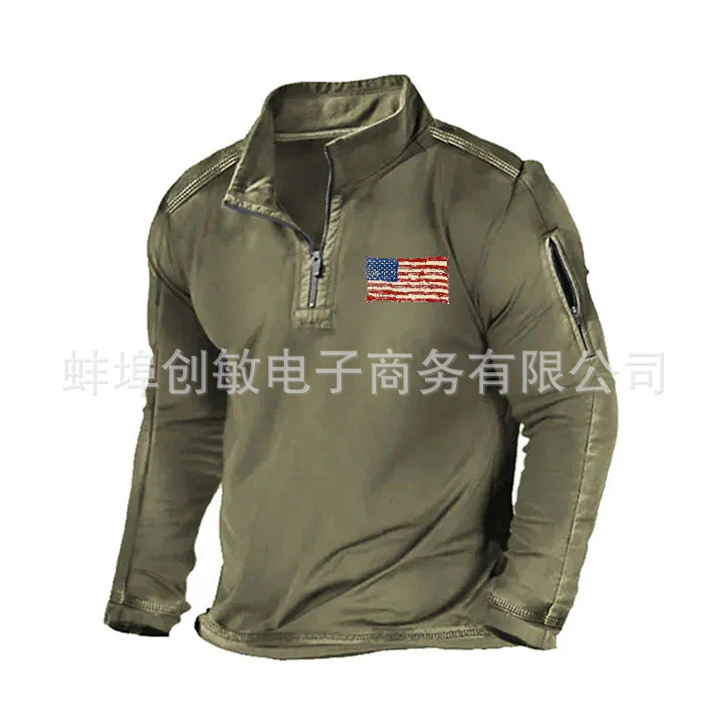 Primavera y otoño Comercio exterior más tamaño de los hombres al aire libre bolsillo con cremallera media cremallera cuello táctico de manga larga Camiseta suéter casual