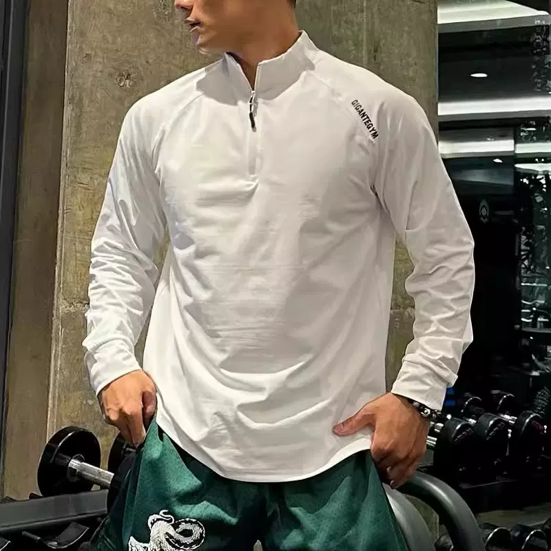 男士长袖T恤潮牌美式宽松健身半拉链运动T恤跑步上衣