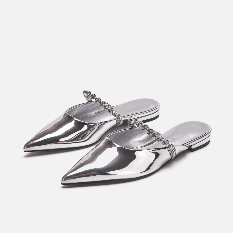 Silver Gemstone Chain Pointed Toe Mules For Women Elegant Flats_voghion.com