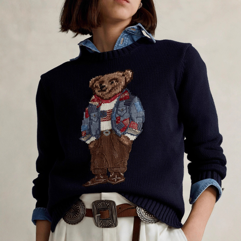 2025 Autumn and Winter Cross-Border European and American Popular Cotton Heavy-Duty Cartoon Bear Round Neck College Age-Reducing Versatile Sweater for Women