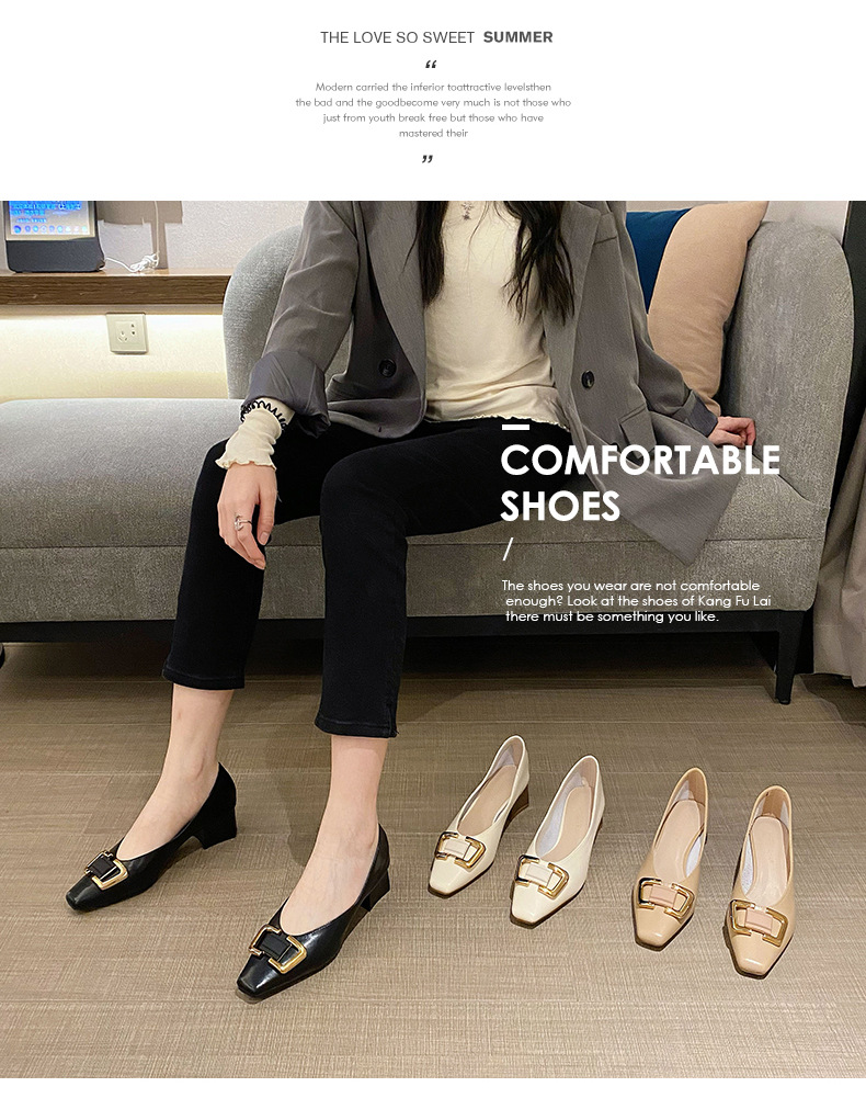 Classic Cowhide Women's Loafers With Mid-heel And Square Toe Design_voghion.com