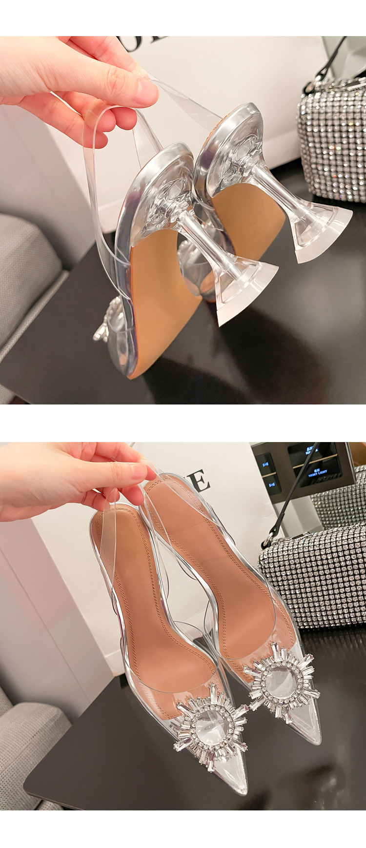 Giày cao gót nữ mũi nhọn bít mũi trong suốt đính pha lê gót nhọn 6,5 cm — Bạc 6,5cm chi tiết 33