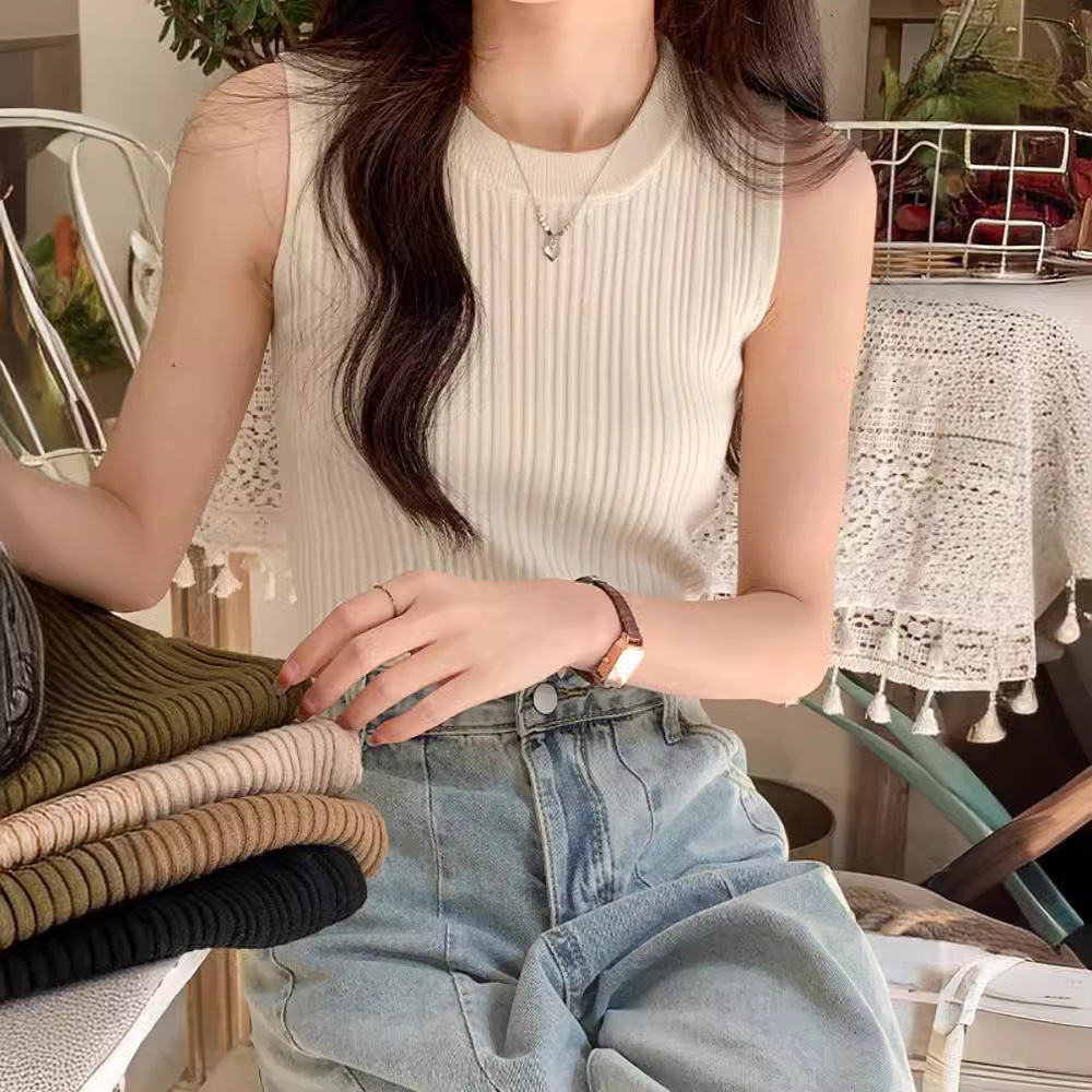 无袖针织螺纹吊带女百搭冰丝秋夏季薄款纯欲慵懒白色工字背心上衣