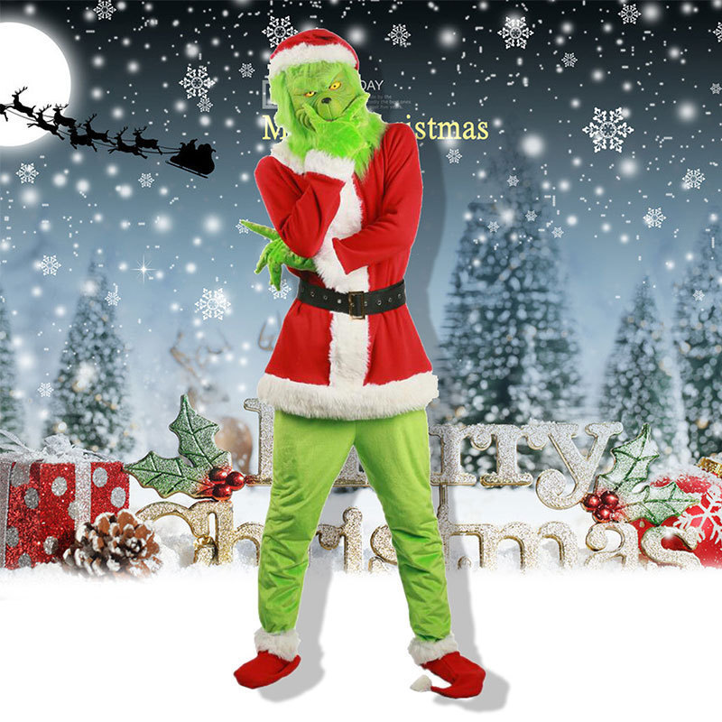 欧米のクリスマス服の成人の子供のタイプの緑の毛の奇妙なグリーン奇の服装のマスクの頭はパーティーの服装をかぶせます。|undefined