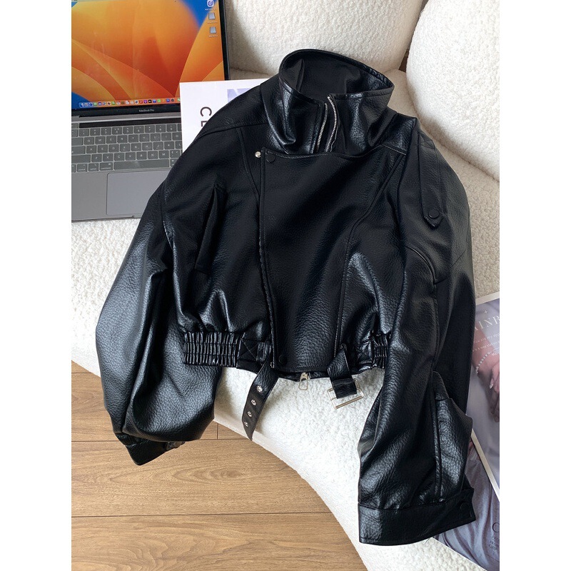 Korean-style retro motorcycle black short PU leather jacket, a stylish and cool top for petite women Korean-style retro motorcycle black short PU leather jacket, a stylish and cool top for petite women
