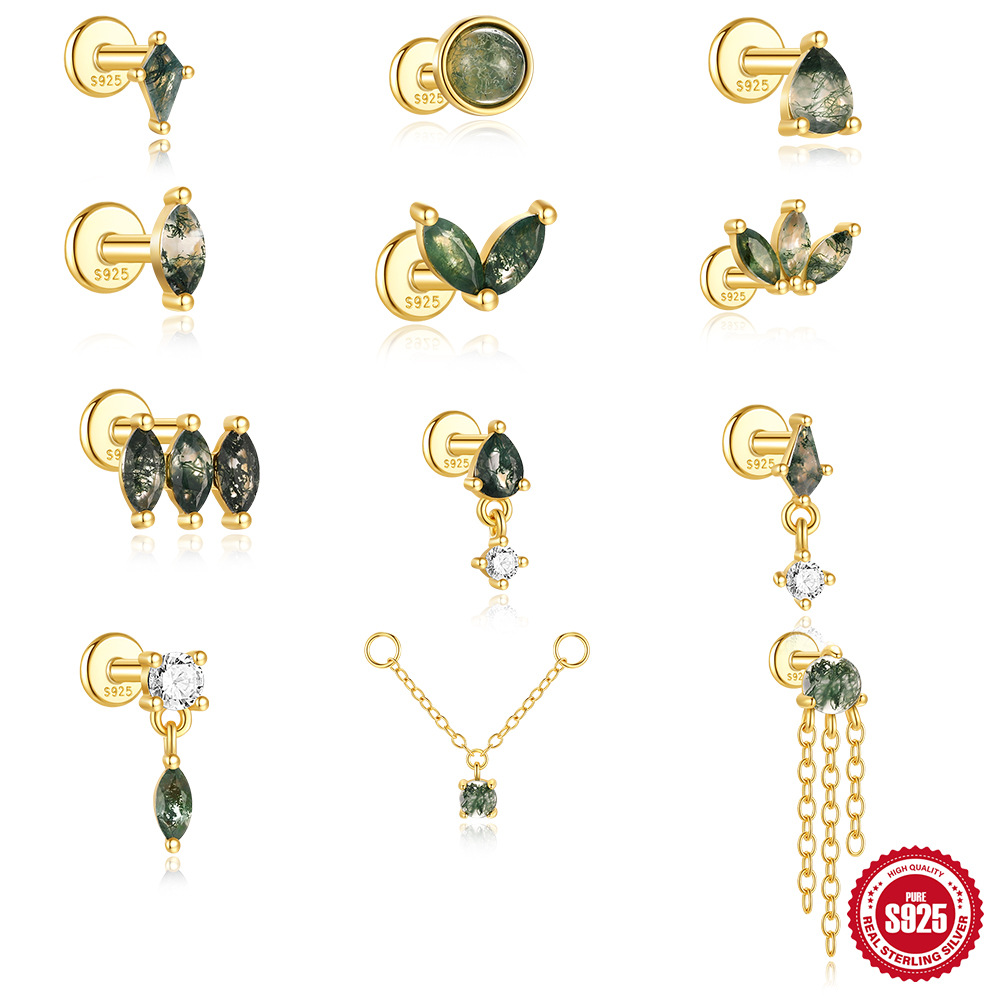 El nuevo s925 simple y moderno hierba de agua natural, uñas de hueso de oreja de ágata, personalidad de lujo ligera europea y americana, pendientes de piedra de musgo verde con incrustaciones