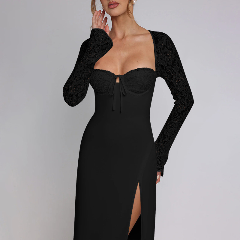Nuevos productos para mujeres transfronterizas europeas y americanas, temperamento de moda, vestido de costura de manga larga de encaje delgado sexy, vestido dividido, mujer