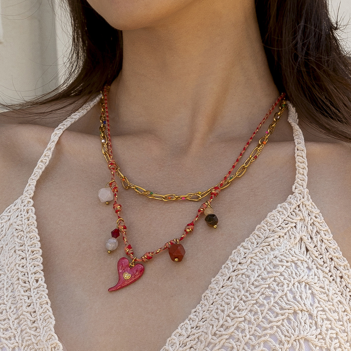 Tiana Europa y América amor colgante de acero inoxidable ligero lujo nicho collar de cuerda trenzada roja acero titanio no decoloración joyería