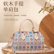 跨境天然软木树皮包波士顿桶形包单肩女士手提包民族风包包批发